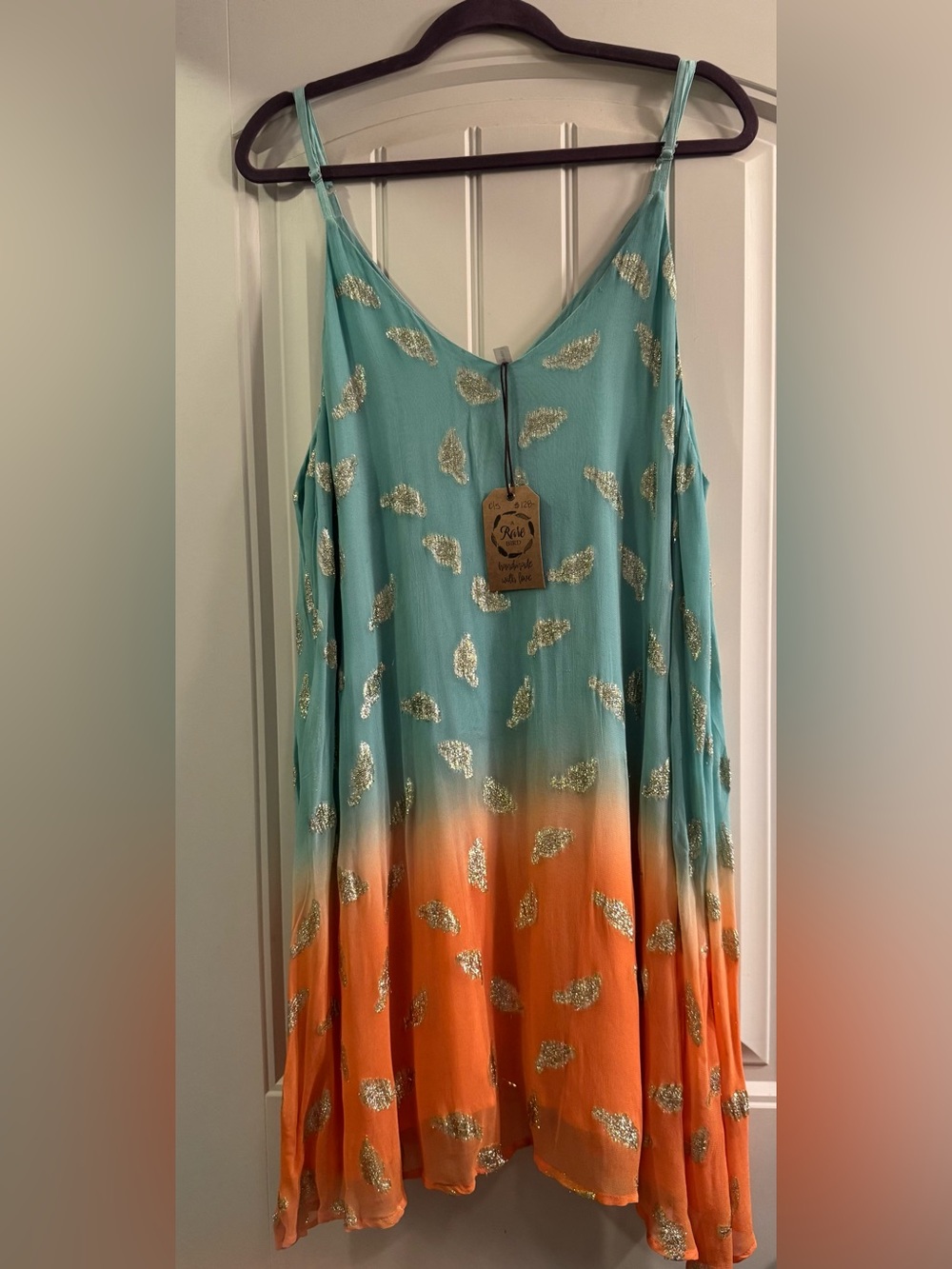 A Rare Bird Dress Aqua & orange,  silver & gold  accents.  small/medium NWT.